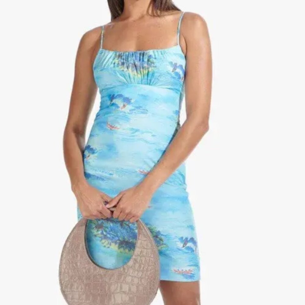 NWOT Staud Bell Island-Print Ruched Empire Waist Mini Dress Blue L $340 - Picture 2 of 8